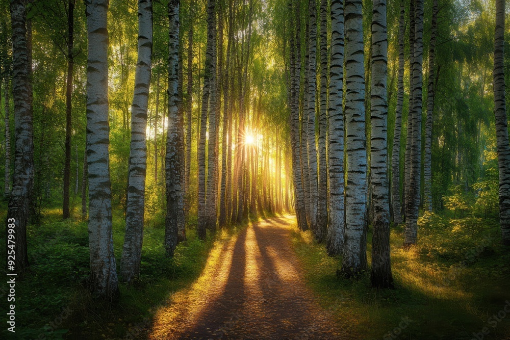 Fototapeta premium A sunlit path through a birch forest with rays of light streaming through the trees.