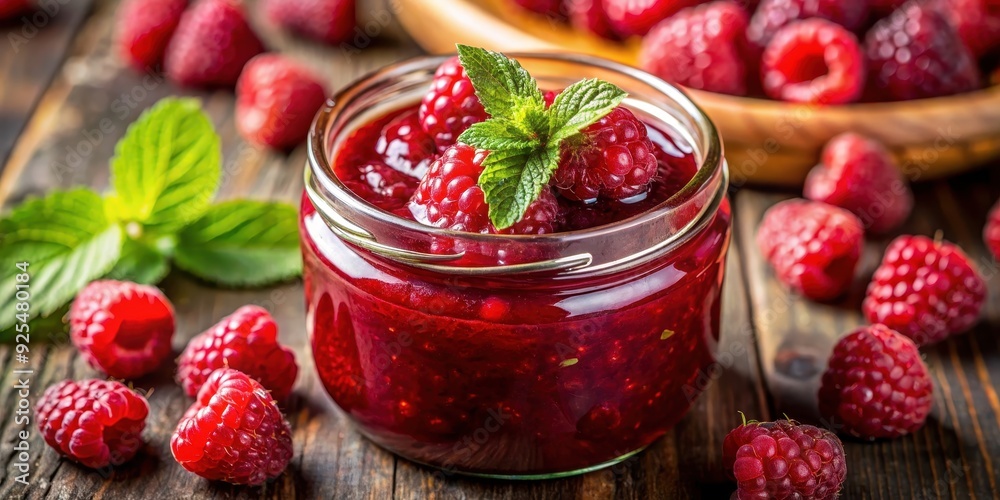 Close-up shot of delicious raspberry jam, showcasing its thick texture and vibrant color , raspberry, jam, close-up, macro, texture Close-up shot of delicious raspberry jam, showcasing its thick texture and vibrant color , raspberry, jam, close-up, macro, texture