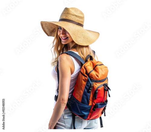 Young woman wearing backpack and straw hat walking away