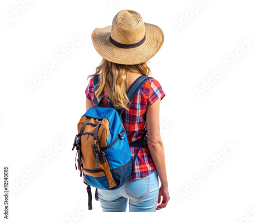 Young woman wearing backpack and straw hat walking away