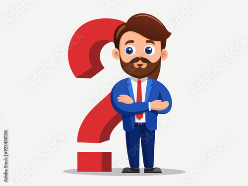 Confused 3d cartoon character businessman with question mark.