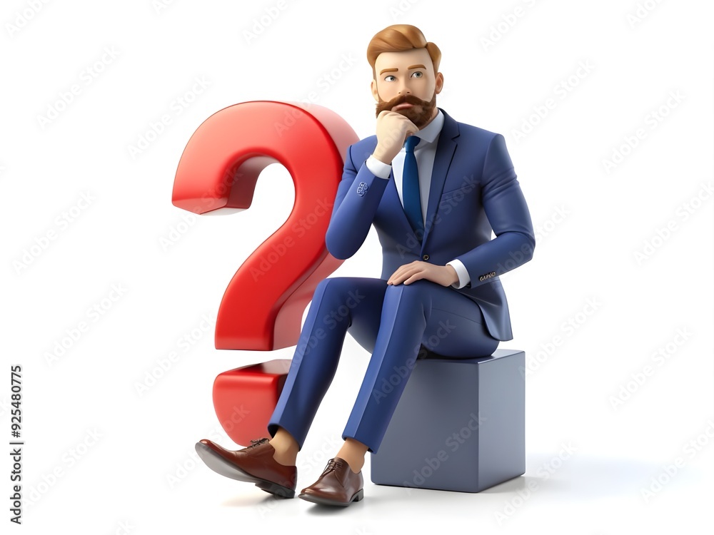 Confused 3d cartoon character businessman with question mark. Confused 3d cartoon character businessman with question mark.