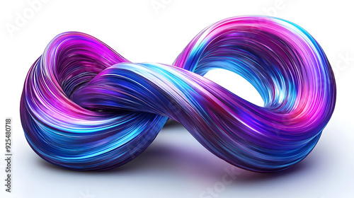 Abstract infinity symbol formed by a swirling, iridescent, blue and purple ribbon.