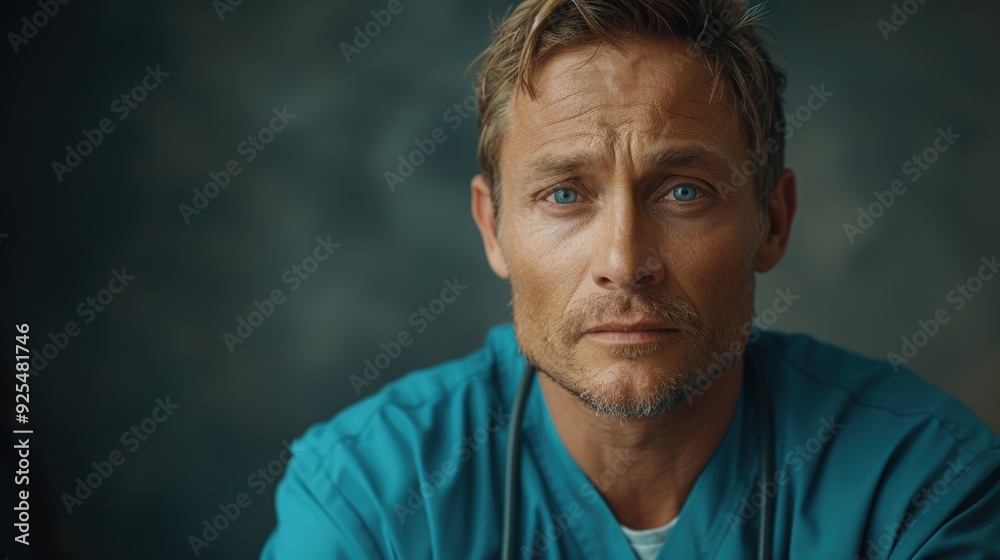 Fototapeta premium Surgeon in teal scrubs with blue eyes gazes thoughtfully during a break in the operating room