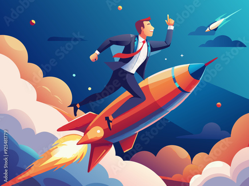 Concept of business startup, launching of a new company. Businessman flying on a rocket up. 3d illustration.