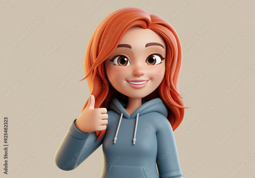 Smiling cartoon character young woman red hair wearing hoodie showing thumbs up gesture 3d style design on light background. Smiling cartoon character young woman red hair wearing hoodie showing thumbs up gesture 3d style design on light background.