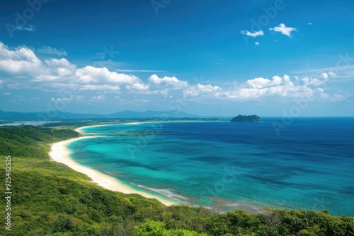 A breathtaking coastal view featuring a pristine beach, turquoise waters, lush greenery, and a distant island under a clear blue sky.