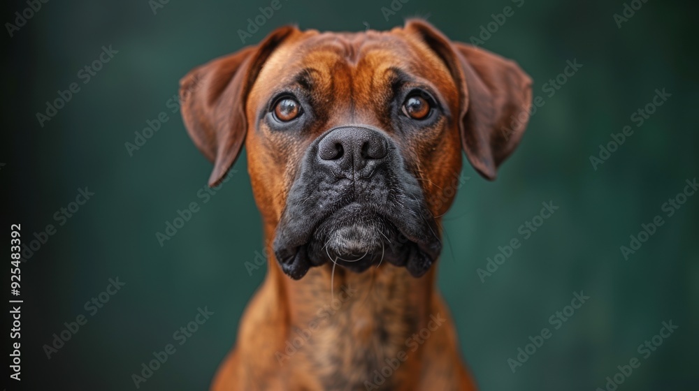 A brown boxer dog gazes thoughtfully against a blurred green background in a soft-lit setting A brown boxer dog gazes thoughtfully against a blurred green background in a soft-lit setting