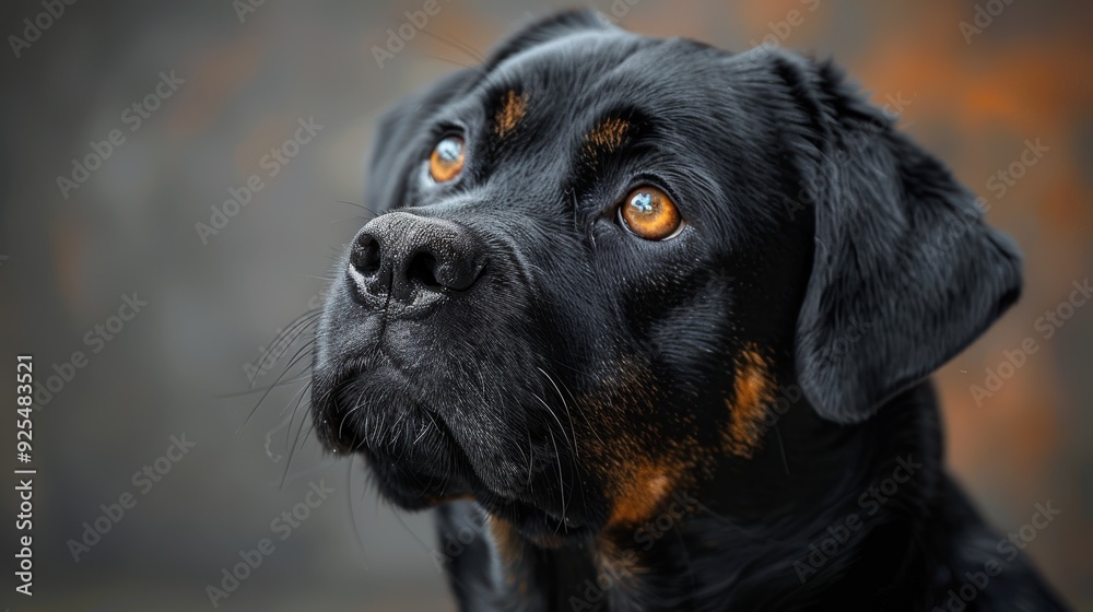 Obraz premium A hopeful black dog with brown markings looks up, set against a blurred backdrop
