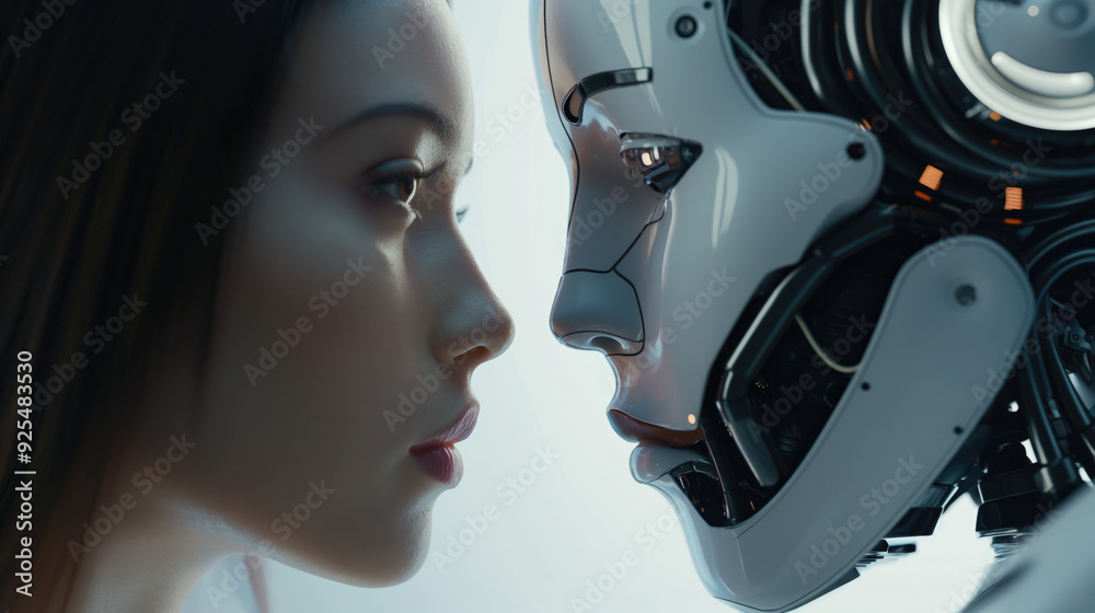 Girl and robot face to face, close up view Girl and robot face to face, close up view