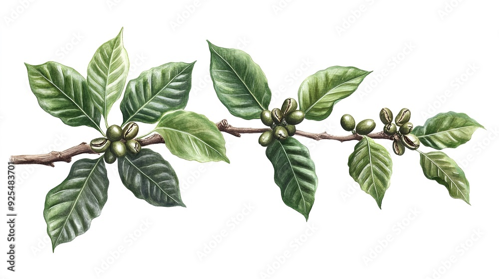 Fototapeta premium Coffee beans on a tree branch with leaves isolated on white background.