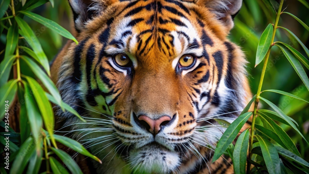 Fototapeta premium Intense close-up of a tiger's face in dense foliage , Tiger, close-up, fierce, gaze, vibrant, fur, patterns, wildlife