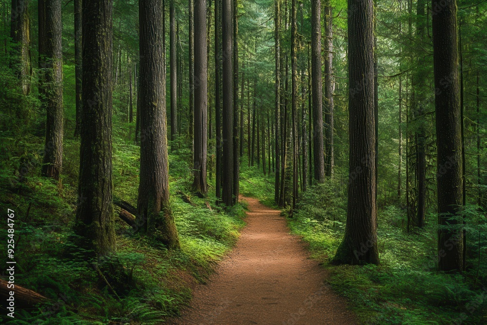 Fototapeta premium A serene wooded path with tall trees and lush greenery, capturing a tranquil natural ambiance.