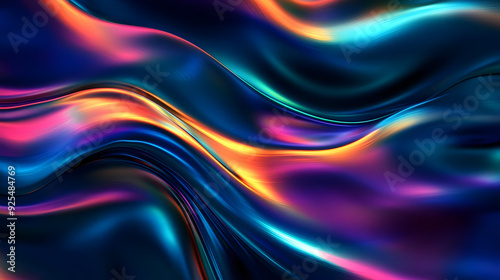 Abstract iridescent blue, purple, and orange gradient wave pattern.