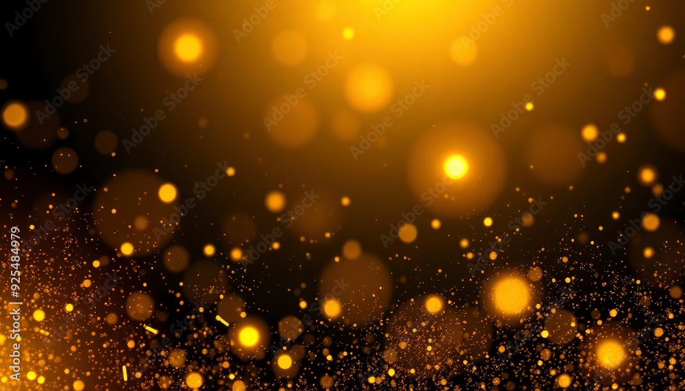 Abstract magic gold dust background over black. Beautiful golden art widescreen background, ai