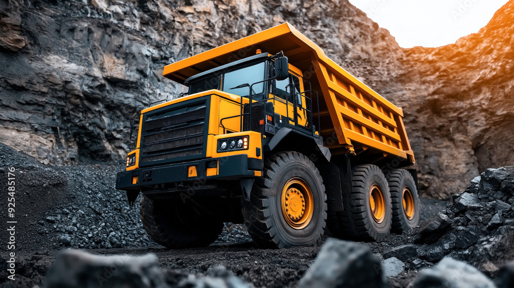 Heavy-duty yellow dump truck in a quarry, ready for transporting material. The truck is designed for rugged terrain and large payloads. Heavy-duty yellow dump truck in a quarry, ready for transporting material. The truck is designed for rugged terrain and large payloads.