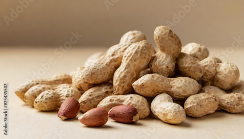 Peanuts. Unshelled nuts close up, over beige background. Roasted pile of peanuts in shell. Organic vegan, vegetarian food. Healthy nutrition concept. 