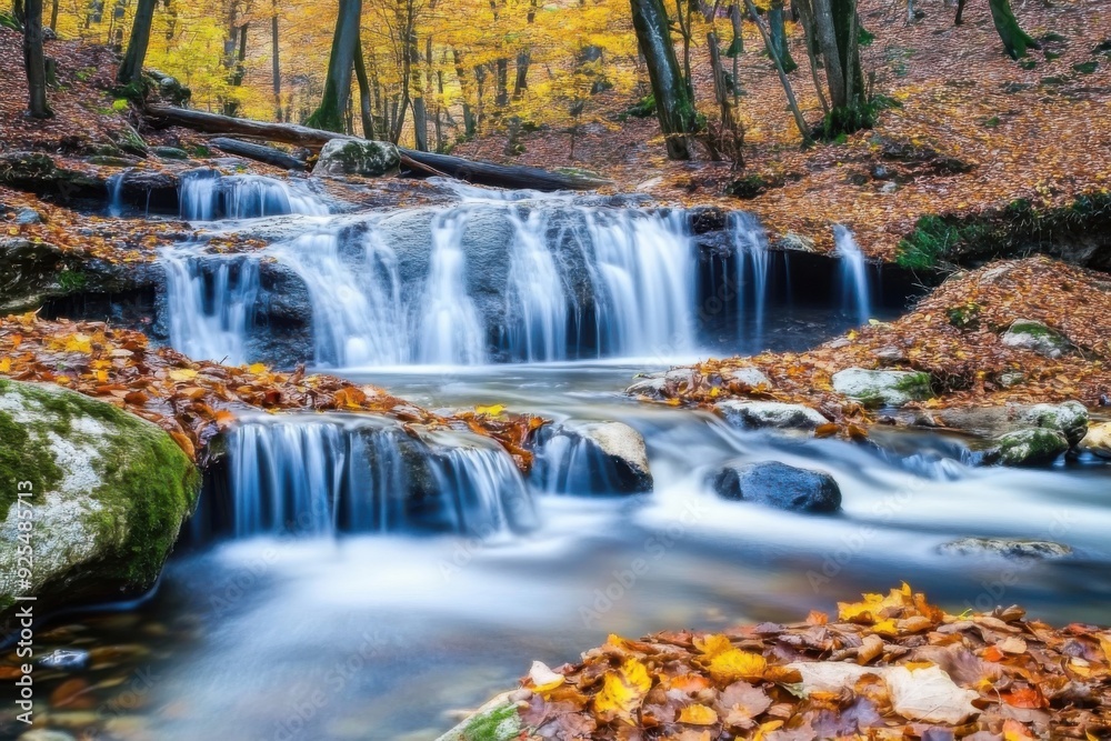 A serene waterfall in a forest adorned with vibrant autumn foliage, showcasing the natural beauty of the season. A serene waterfall in a forest adorned with vibrant autumn foliage, showcasing the natural beauty of the season.