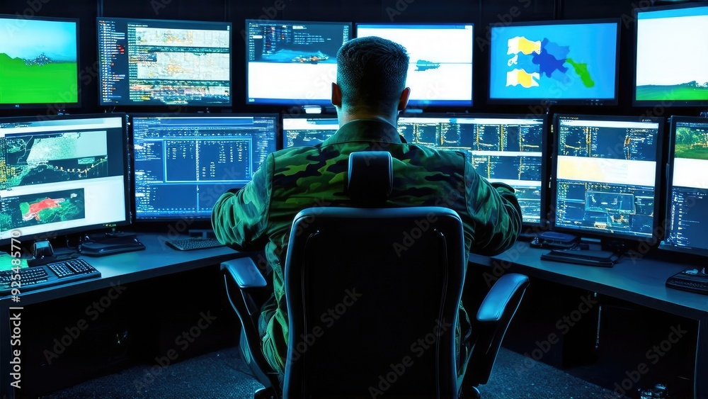military man is sitting at a computer hacker military man is sitting at a computer hacker