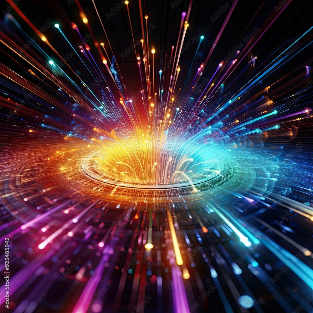 Naklejka premium Intricate Web of Fiber Optic Cables Transmitting Data Signals