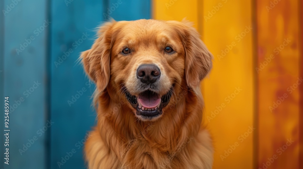 Golden retriever smiling in front of bright colored wooden background Golden retriever smiling in front of bright colored wooden background