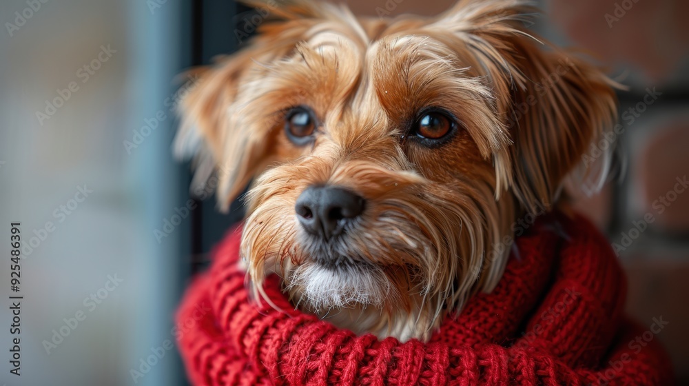 A dog wearing a cozy red sweater sits by a window, looking curiously outside on a chilly day A dog wearing a cozy red sweater sits by a window, looking curiously outside on a chilly day