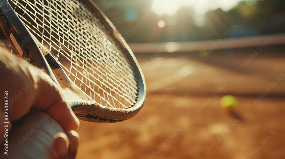 A macro shot shows a player's sweaty hand gripping a worn racket against a sunlit clay court.