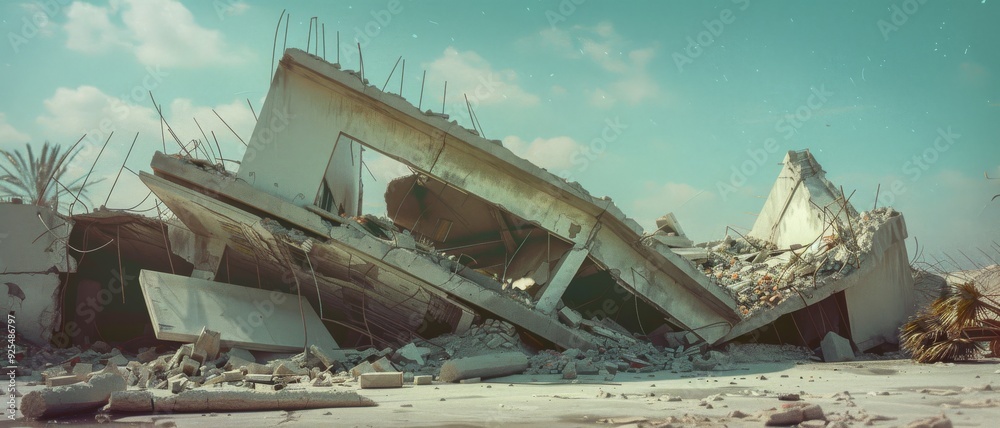 Collapsed concrete structures lie in a heap under a pale sky, telling a story of destruction and decay. Collapsed concrete structures lie in a heap under a pale sky, telling a story of destruction and decay.