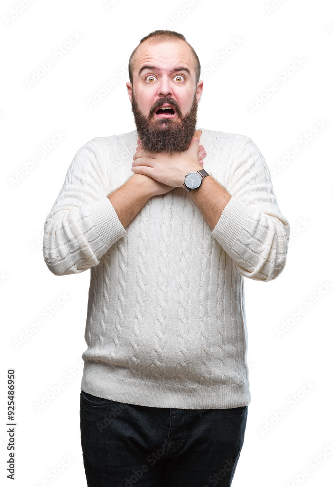 Young caucasian hipster man wearing winter sweater over isolated background shouting and suffocate because painful strangle. Health problem. Asphyxiate and suicide concept. Young caucasian hipster man wearing winter sweater over isolated background shouting and suffocate because painful strangle. Health problem. Asphyxiate and suicide concept.