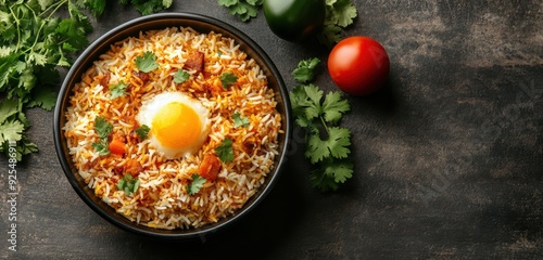 A bowl of rice topped with a sunny-side-up egg and vegetables. Garnished with cilantro. Placed on a dark rustic table. Concept of a delicious meal photo