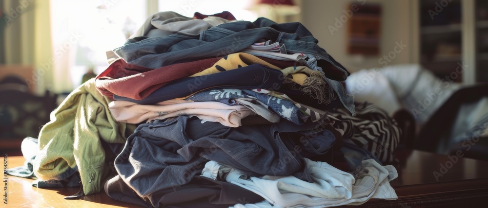 A pile of unorganized clothes on an indoor table, illustrating everyday life and the common task of sorting laundry. A pile of unorganized clothes on an indoor table, illustrating everyday life and the common task of sorting laundry.