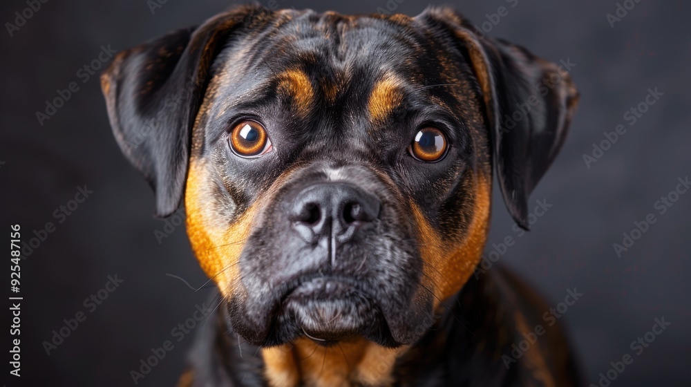 Fototapeta premium A close-up of a curious black and tan dog looking directly at the camera against a dark background