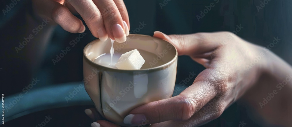 Woman putting sugar cube into cup. Woman putting sugar cube into cup.