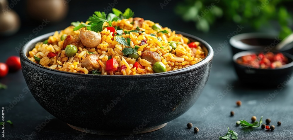 Biryani Indian dish with rice vegetables and meat, for holidays, close-up on dark background. A dish on various festivals Ugadi, Divali, Navaratri, Eid Biryani Indian dish with rice vegetables and meat, for holidays, close-up on dark background. A dish on various festivals Ugadi, Divali, Navaratri, Eid