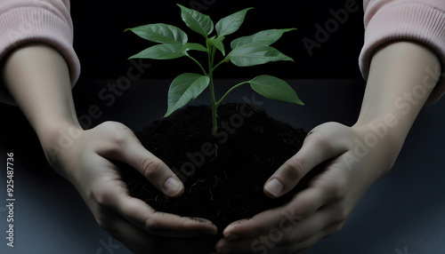 Human hands holding young plants against a dark background. photo