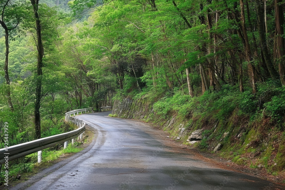 Obraz premium A winding road through a lush, green forest with wet pavement, creating a peaceful and tranquil atmosphere.