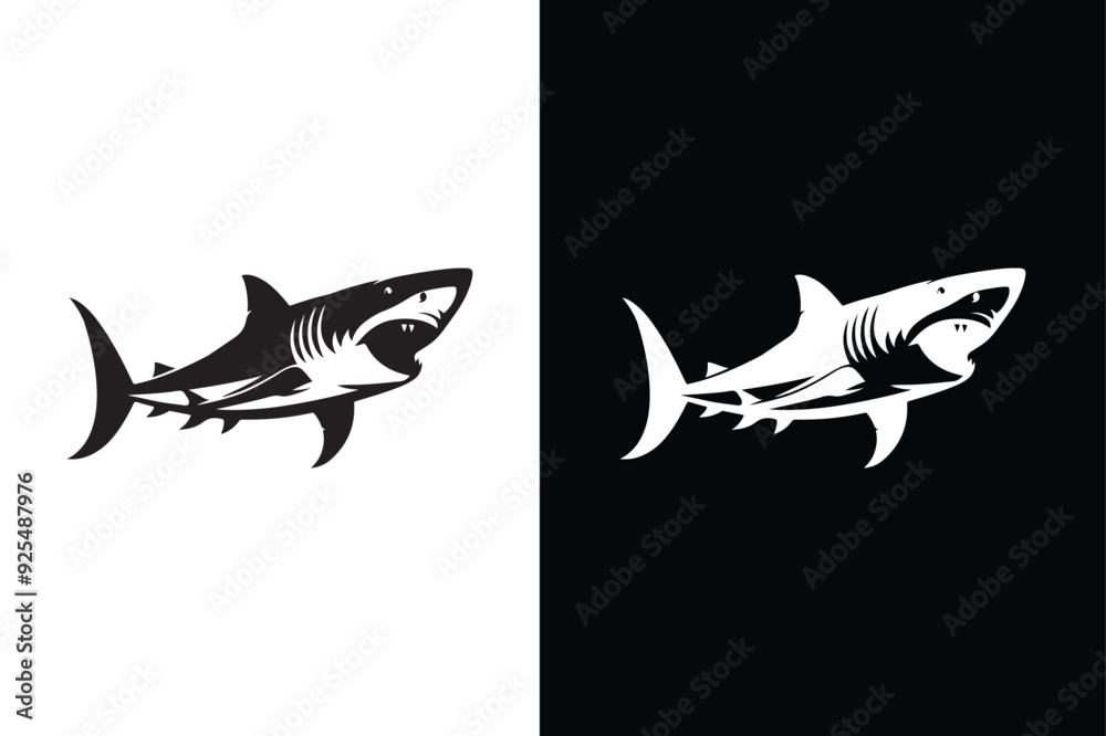 Fototapeta premium Shark silhouette icons on a white and black background.