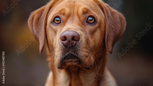 A close-up of a golden Labrador Retriever gazing curiously, captured in autumn light