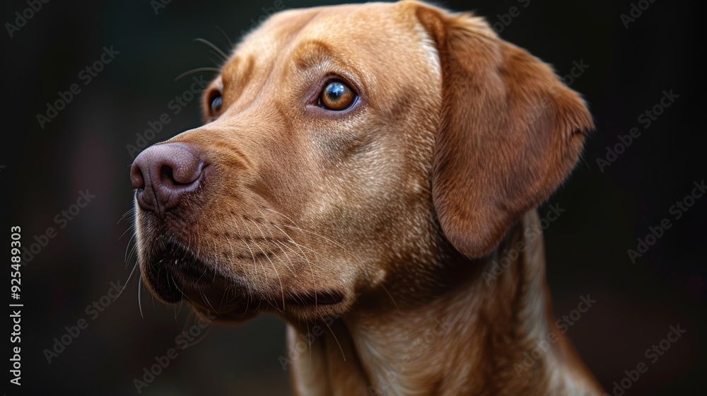 A golden retriever gazes thoughtfully in a dimly lit forest setting during early morning A golden retriever gazes thoughtfully in a dimly lit forest setting during early morning
