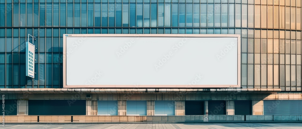 A large blank billboard on the exterior of a modern glass building, offering ample space for advertisements. A large blank billboard on the exterior of a modern glass building, offering ample space for advertisements.