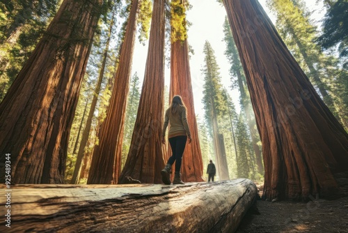 Hikers explore the towering giant sequoia trees in a serene forest, bathed in sunlight.