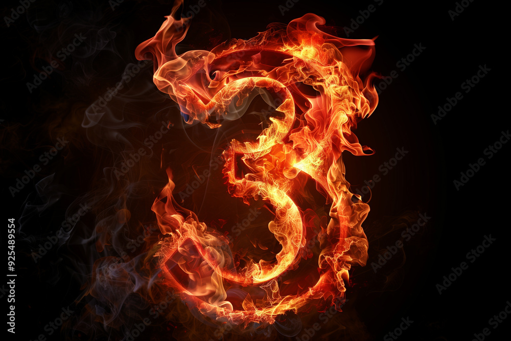 Fototapeta premium Burning number 3, three on fire, Third hot red flames and smokes on black background
