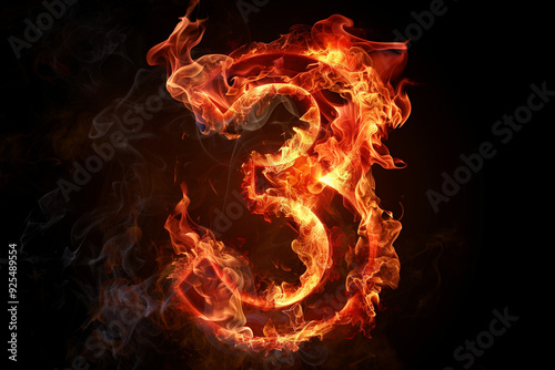 Burning number 3, three on fire, Third hot red flames and smokes on black background