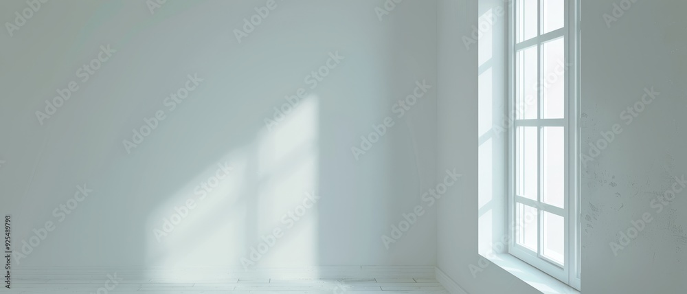 Obraz premium A simple, minimalistic room bathed in sunlight from a tall window, creating an airy and tranquil atmosphere with shadows dancing on the white walls.