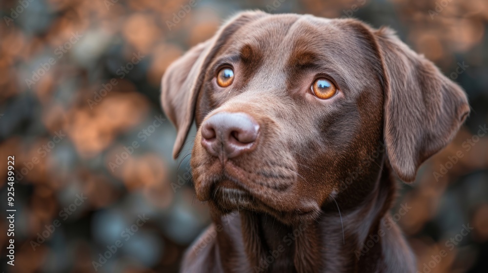 A brown Labrador retriever gazes curiously in a garden during autumn A brown Labrador retriever gazes curiously in a garden during autumn
