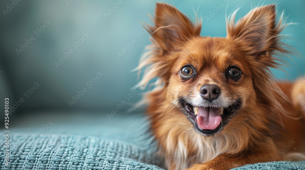 Happy small dog relaxing on a cozy couch with turquoise fabric during the afternoon