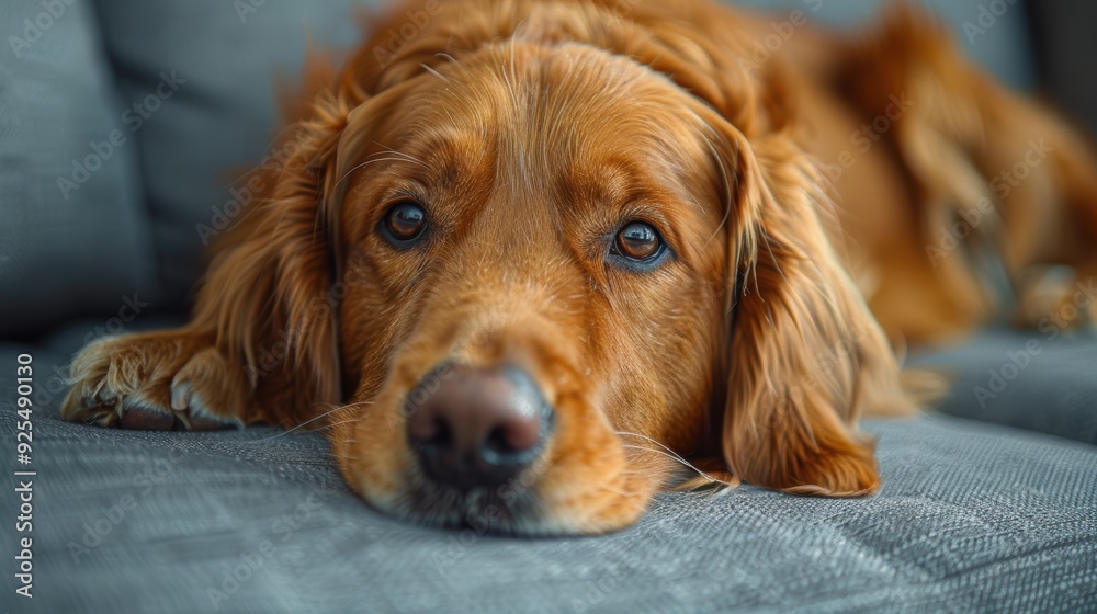 A golden retriever relaxing on a grey couch in a cozy living room during the afternoon A golden retriever relaxing on a grey couch in a cozy living room during the afternoon