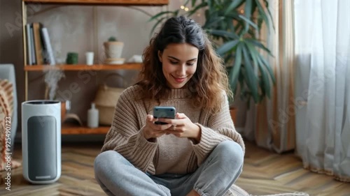 Content young woman sitting on a rug in her cozy living room, using her smartphone to monitor indoor air quality and adjust ventilation systems.