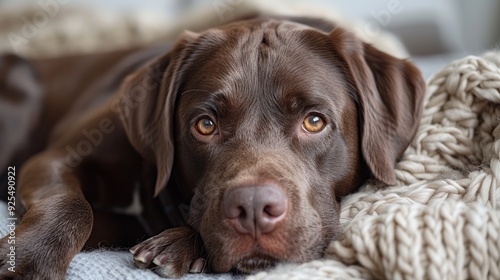 A brown Labrador retriever relaxing on a cozy blanket indoors during the afternoon