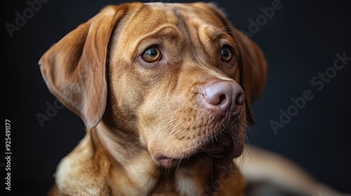 A close-up of a brown dog with expressive eyes against a dark background